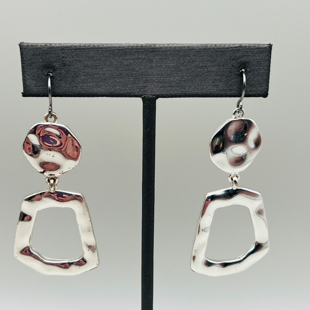 Silver Tone Hammered Dangle Earrings Abstract Open Frame Geometric Modern Chic